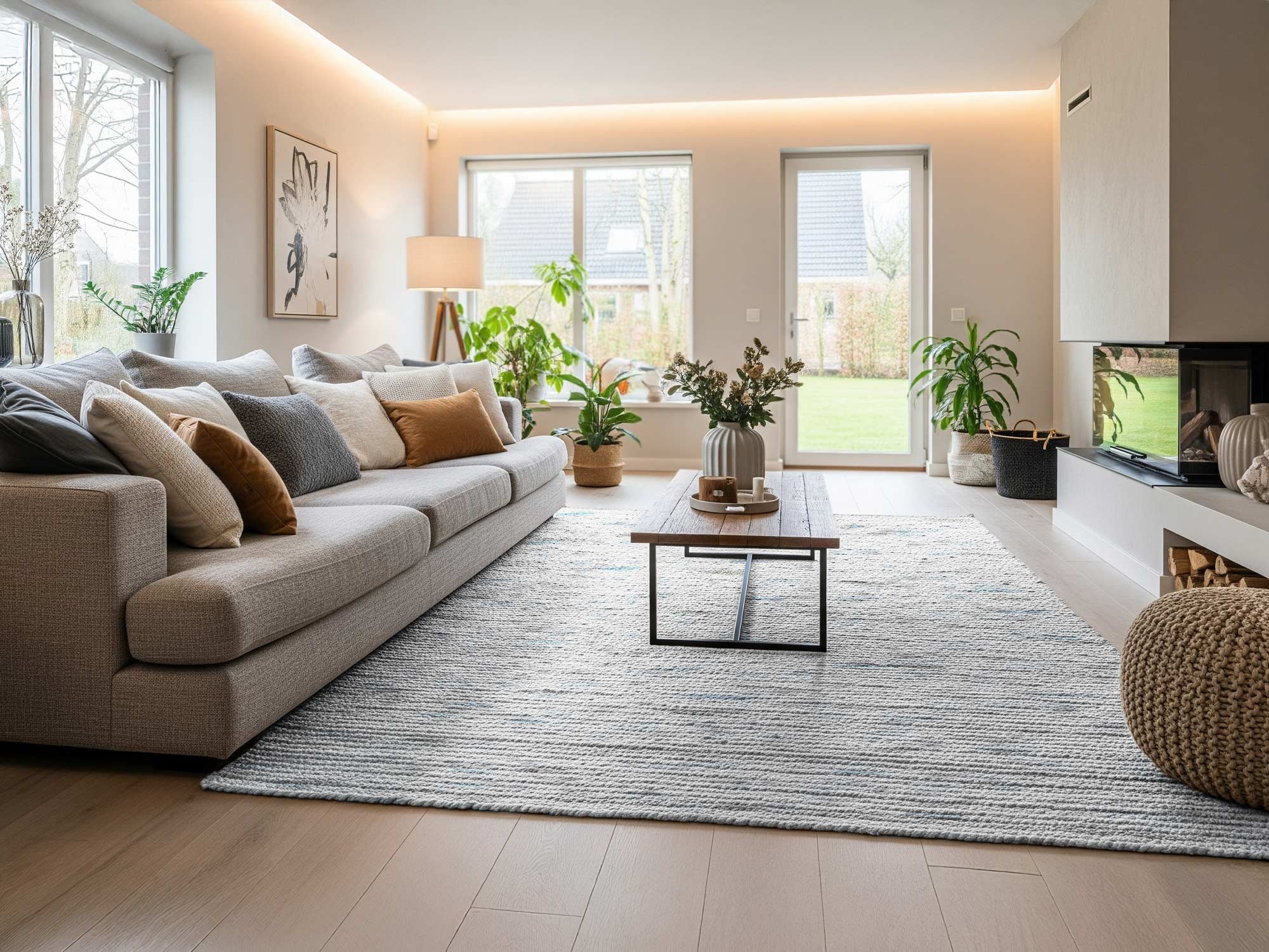 Helles Wohnzimmer mit großem Ruxedo-Handwebteppich Nuuk aus hellgrauer Schurwolle, kombiniert mit beiger Couch und Holzelementen